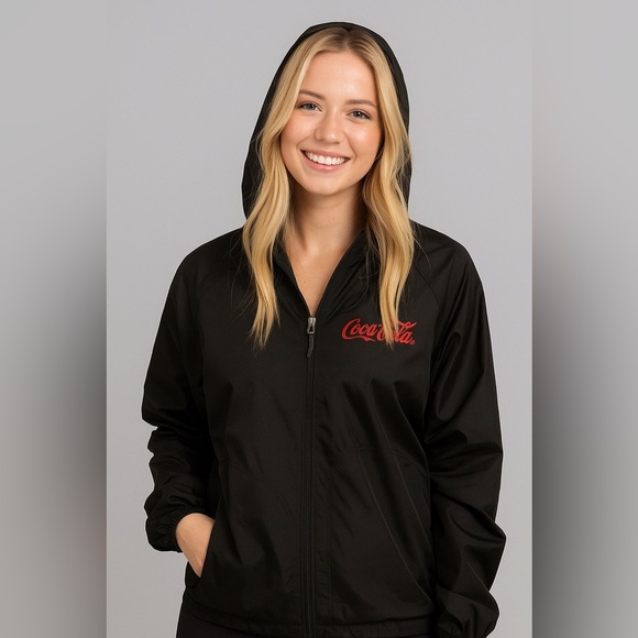 Brand New Official Coca Cola Jacket Women’s Windbreaker Size Large Black - Picture 1 of 6